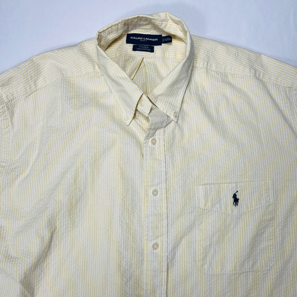 Ralph Lauren Golf Mens XXL Yellow White Striped Seersucker Button Down Shirt XXL